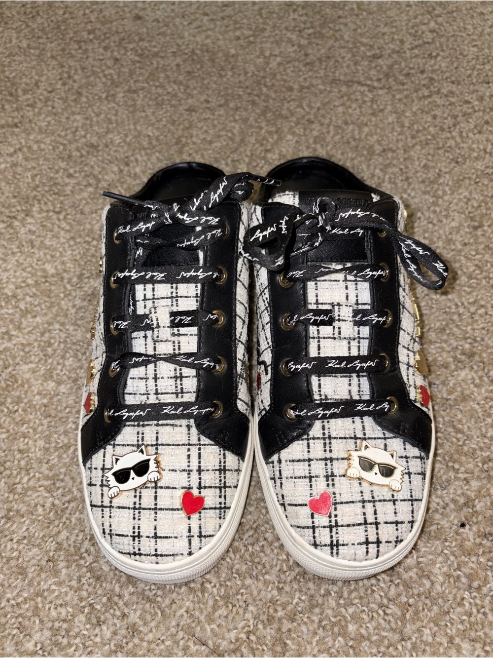 Karl Lagerfeld Black & White Plaid Sneakers with Heart & Sunglasses Charms